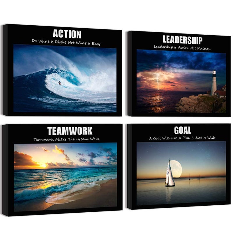 Visual Art Decor Large Motivation Teamwork Leadership Action Goal Inspirational Quotes Canvas Wall Art Ocean Waves Sea Seascape Picture Prints for Home Office Wall Decoration Set of 4 Ready to Hang - Image 1